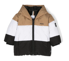 Load image into Gallery viewer, HUGO BOSS Boys Beige &amp; Black Stripe Hooded Coat
