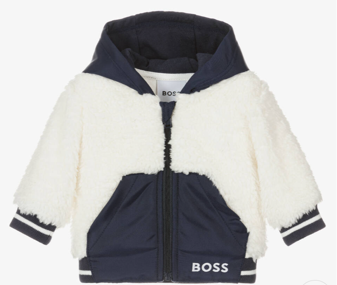 HUGO BOSS Boys Navy Blue & White Faux Fur Coat