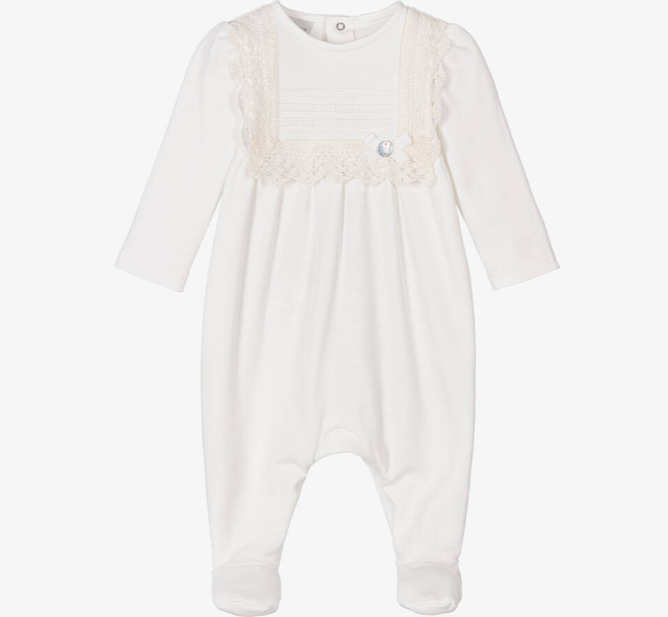 PAZ RODRIGUEZ Ivory Cotton Jersey & Lace Babygrow