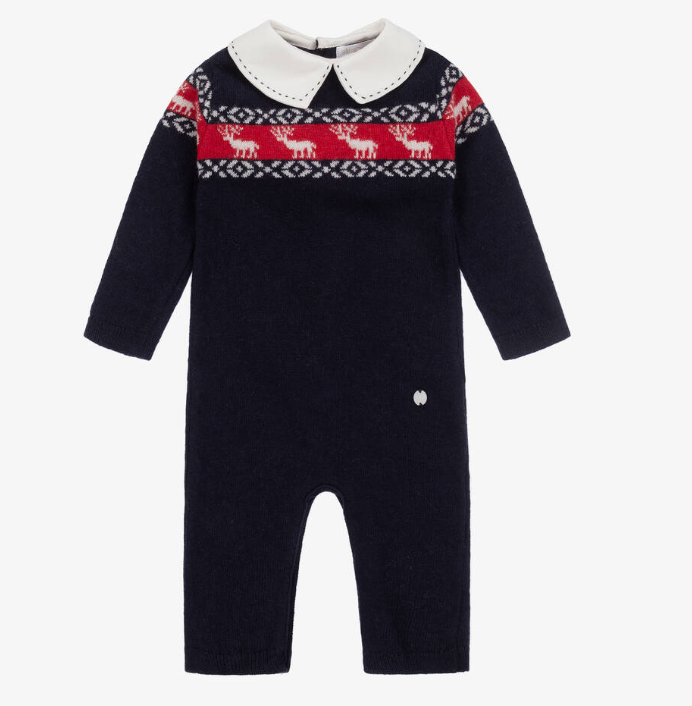 PATACHOU Baby Boys Blue Wool Knit Reindeer Romper