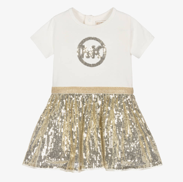 MICHAEL KORS Girls Ivory Jersey & Gold Sequin Dress