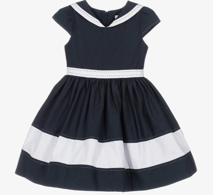 PATACHOU Girls Navy Blue & White Cotton Dress