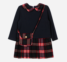 Load image into Gallery viewer, PATACHOU Navy Blue dress with a tartan print and handbag
