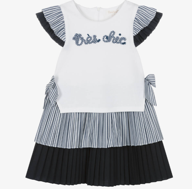 PATACHOU Girls White & Navy Blue Nautical Cotton Dress