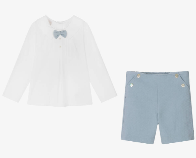 PAZ RODRIGUEZ Boys White & Blue Cotton Shorts Set