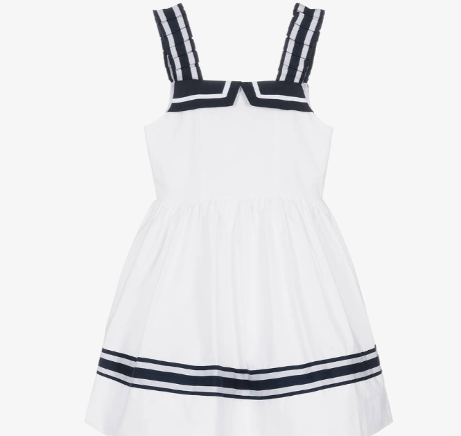 PATACHOU Girls White & Navy Blue Cotton Dress