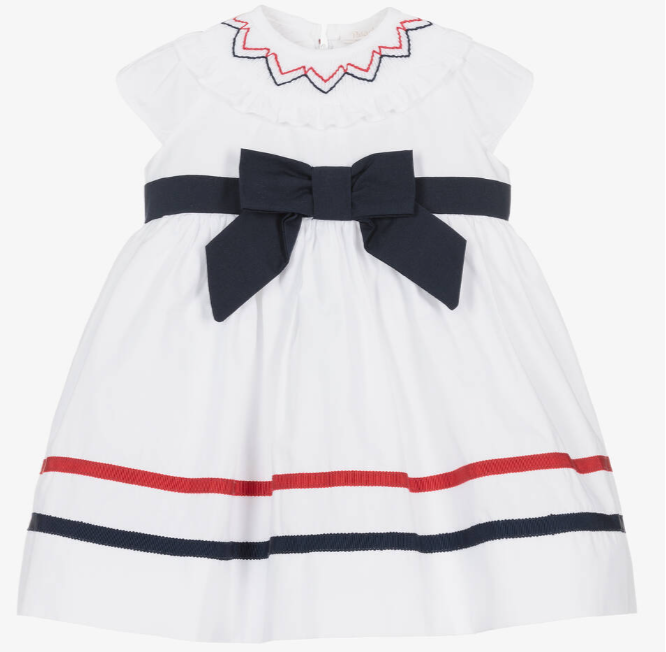 PATACHOU Girls White & Navy Blue Cotton Dress