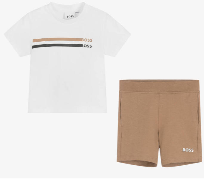 HUGO BOSS Boys White & Beige Cotton Shorts Set