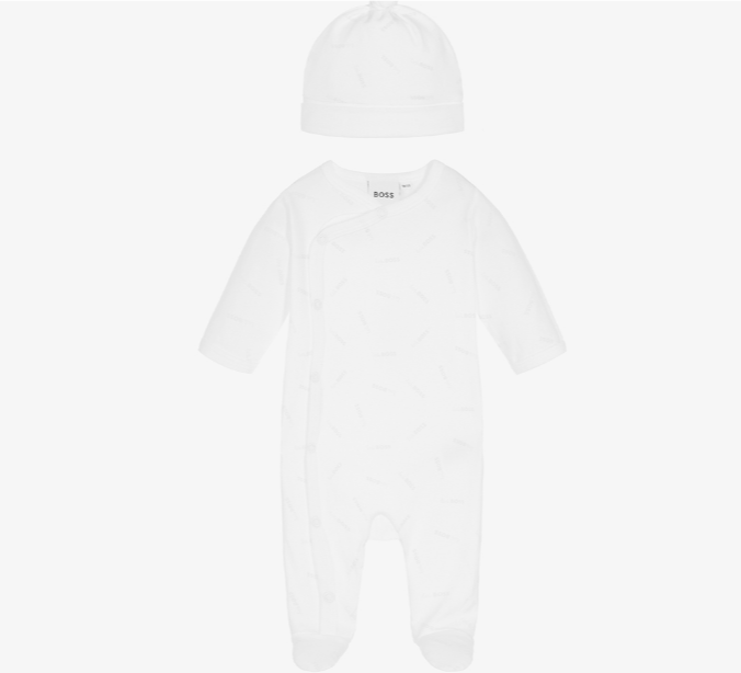 HUGO BOSS White Cotton Babygrow & Hat Set