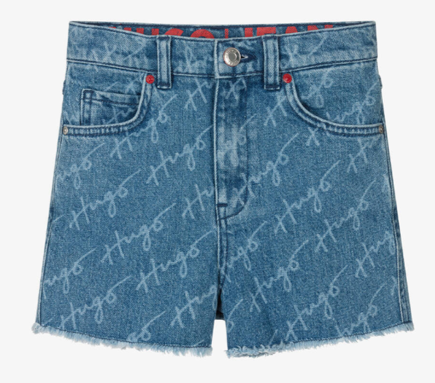 HUGO Girls Blue Denim Logo Shorts