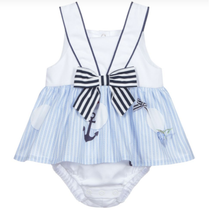 Load image into Gallery viewer, Lapin House Blue &amp; White Striped Romper Dress
