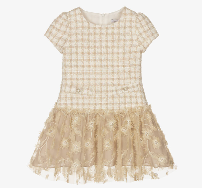 PATACHOU Girls Beige Check & Gold Floral Dress