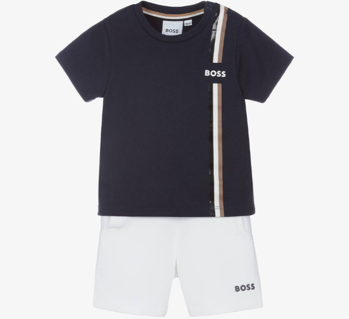 HUGO BOSS Boys Navy Blue & White Cotton Shorts Set