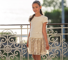 Load image into Gallery viewer, PATACHOU Girls Beige Check &amp; Gold Floral Dress
