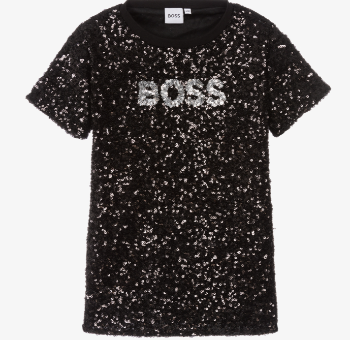 HUGO BOSS Girls Black Sequin Logo Dress