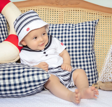 Load image into Gallery viewer, Patachou Baby Boy White &amp; Blue Striped Sailor Shortie
